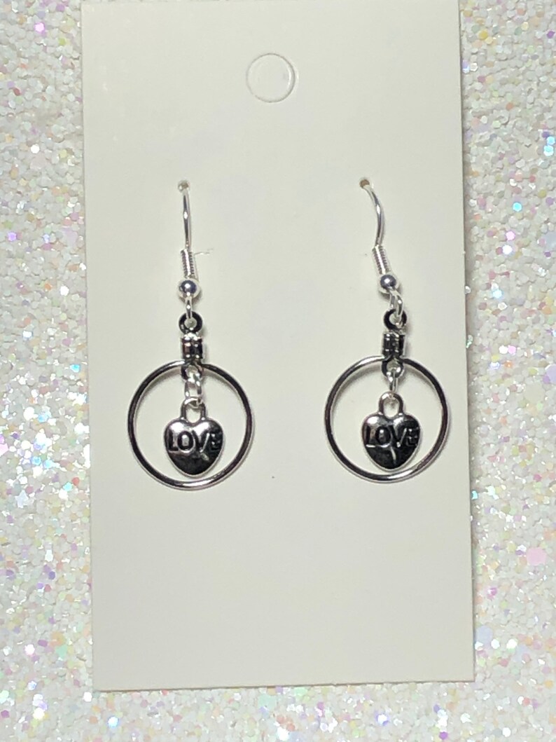 Valentine\u2019s Day Circle Hoop Dangle Earrings With Mini \u201cLove\u201d charm hearts Love Gift for her.