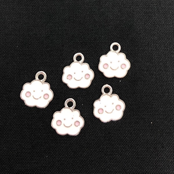 Cute Fun Happy White Cloud W/ Smiley Face Enamel Pendant/Charm Silver and white. For Jewlery Making or any Craft Project 5Ct/10Ct