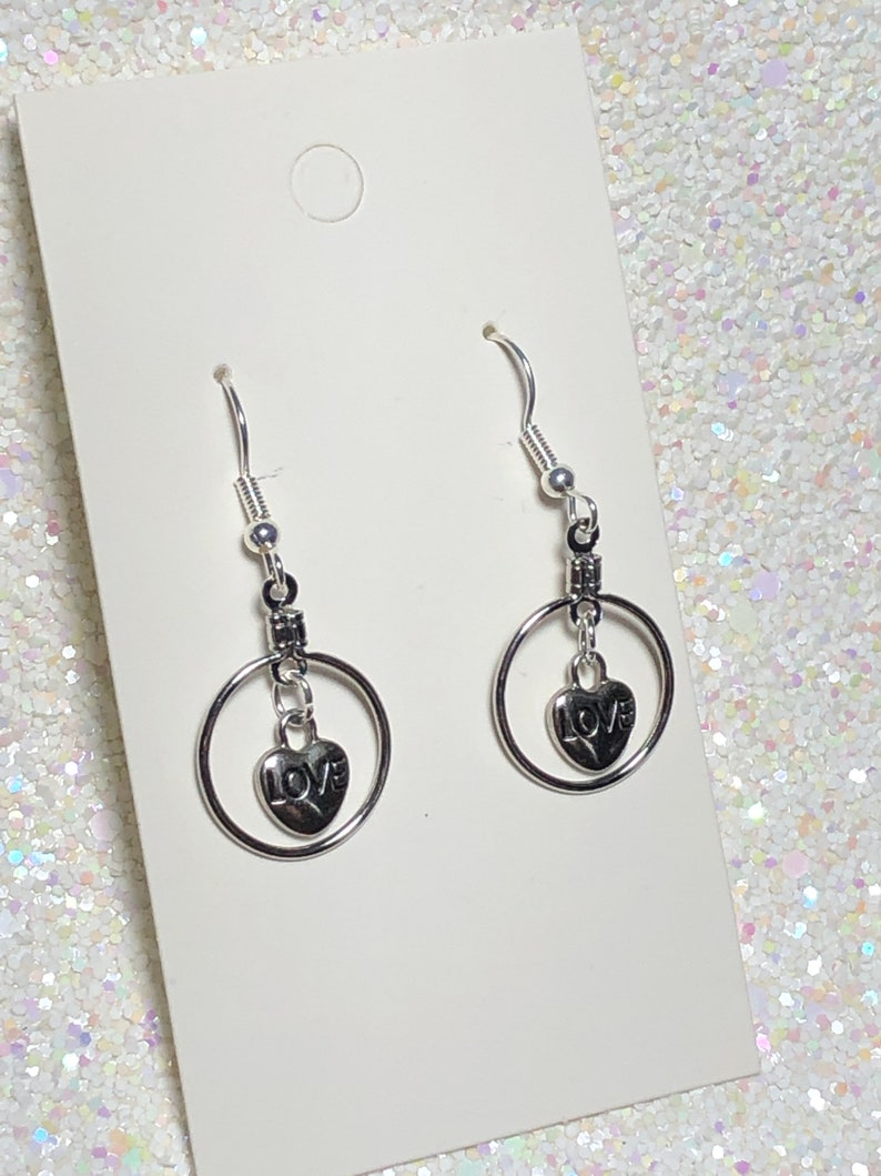 Valentine\u2019s Day Circle Hoop Dangle Earrings With Mini \u201cLove\u201d charm hearts Love Gift for her.