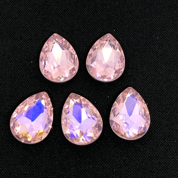 Pointed Back Glass Rhinestone Teardrop Shape Cabochons AB Color Plated -Beautiful Pearl Pink 5 Count 18x13x5.5mm