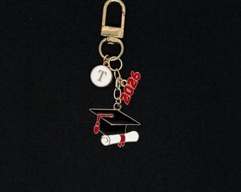 Graduation Personalized Keychain: Initial Charm, Gold Bag Accessory