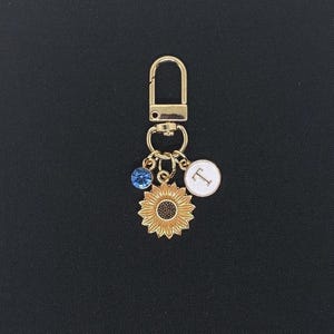 Sunflower Charm Initial Keychain | Gold Bag Charm | Purse Charm | Women&#39;s Bag Accessories | Wedding Favors | Birthday Gift | Custom Keychain