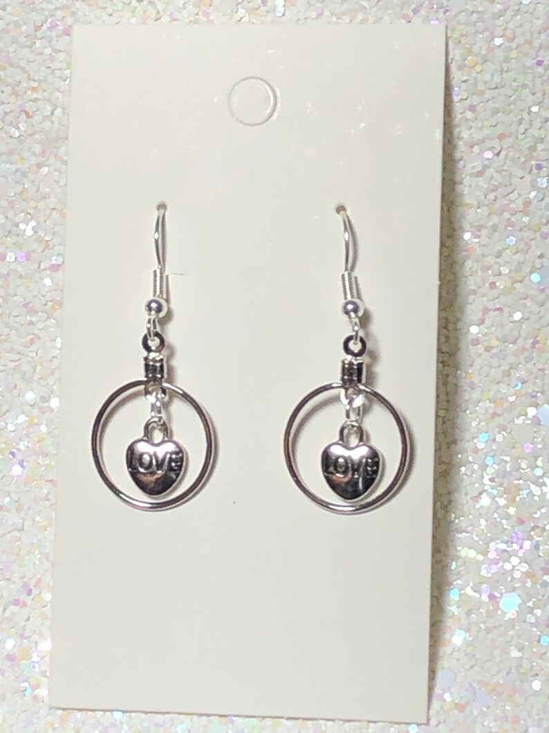 Valentine\u2019s Day Circle Hoop Dangle Earrings With Mini \u201cLove\u201d charm hearts Love Gift for her.