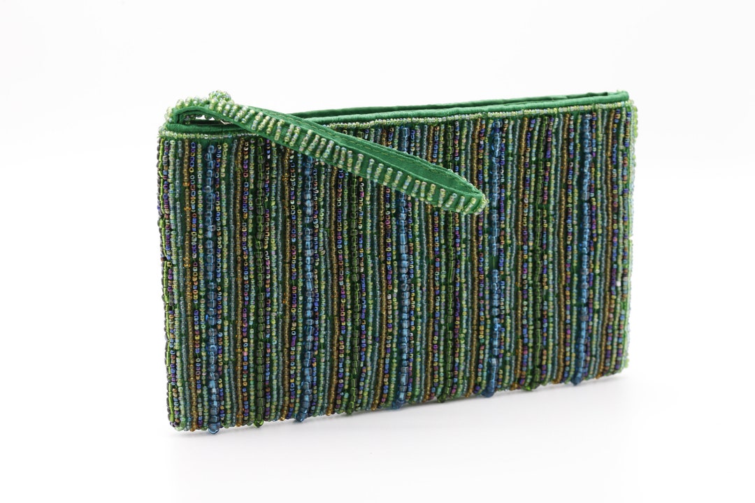 Green Beaded Clutch, Striped Evening Bag, Handmade Wristlet, Fair-trade ...