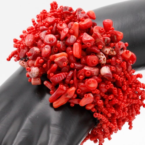 Beaded Red Coral Cuff Bracelet Stretches to Fit - Etsy