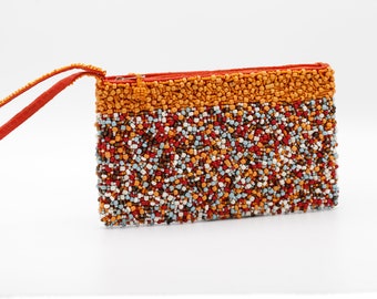 Orange Clutch, Beaded Evening Bag, Handmade Wristlet, Fair-Trade and Ethically Sourced, Ideal for Resort Wear