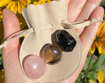 Apache Tear, Smoky Quartz, Rose Quartz, Grief, Loss, & Mourning, Tumbled Crystal Set, Medicine Bag, Healing Journey, Angel Guide, Magick