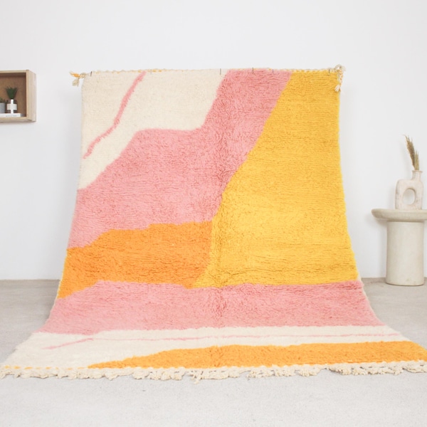 Pink Moroccan Wool Rug - Abstract Yellow, and Cream Wool Carpet, Soft Modern Boho Area Rug for Midcentury and Contemporary Home Interiors