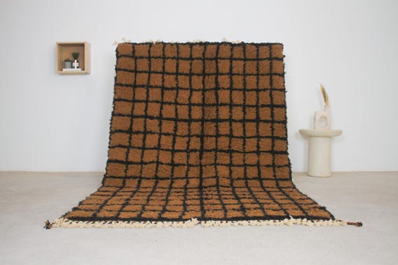 Brown Checkered Moroccan Rug - Handwoven Berber rug with black grid lines, modern boho & midcentury style wool carpet for cozy living room