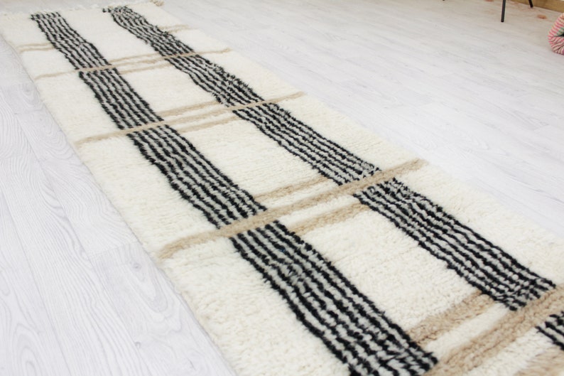 White Moroccan Runner rug hallway runner rug moroccan White and Brown Beni ourain rug Genuine lamb Wool image 3