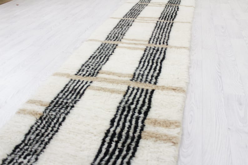 White Moroccan Runner rug hallway runner rug moroccan White and Brown Beni ourain rug Genuine lamb Wool image 2