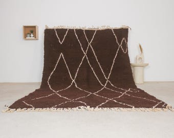 Dark Brown Moroccan Wool Rug – Handmade Berber carpet with white Beni Ourain lines, soft boho rug for cozy living room or bedroom decor
