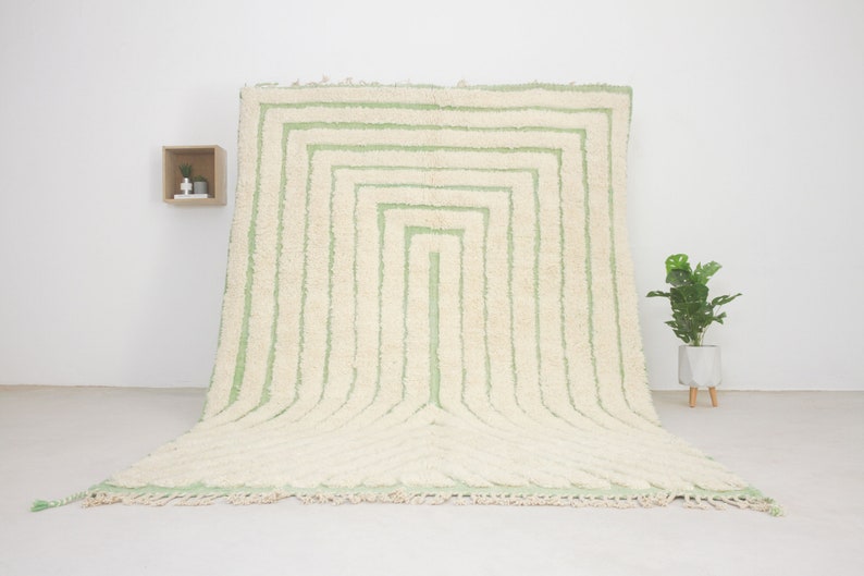 Moroccan area rug White Beni ourain style rug for living room mid century modern Tufted Green Azilal rug image 1