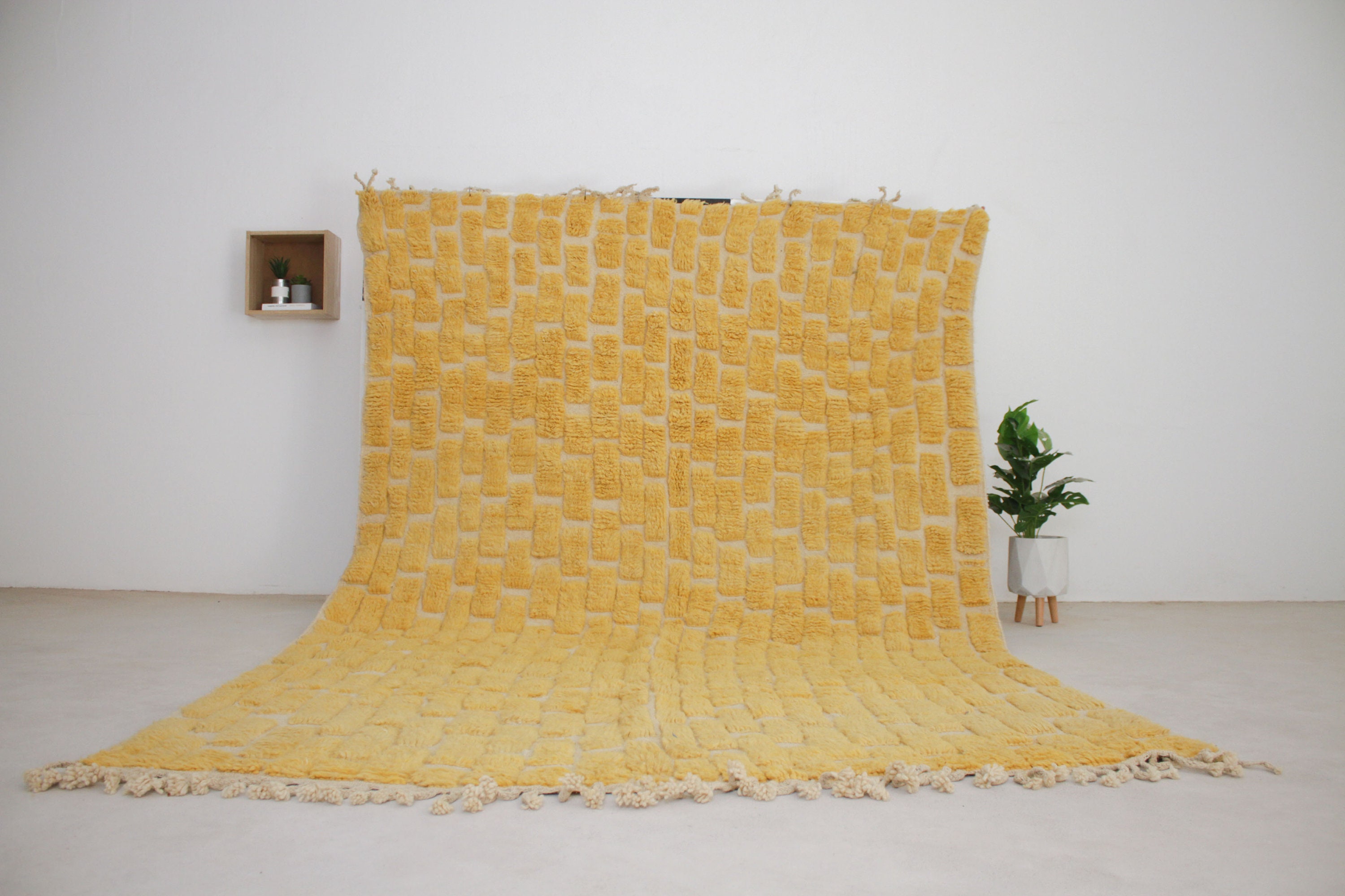 Moroccan area rug- Yellow Beni ourain custom rug for living room - mid century modern - Tufted Berber rug