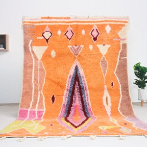 Orange Boujaad rug - Hand knotted vintage moroccan rug - Abstract 8x5 Boho Area carpet - Colorful area rug
