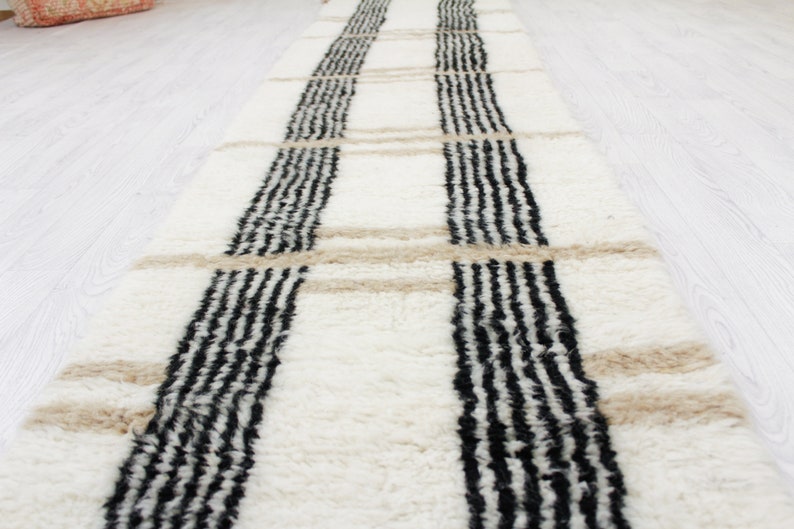 White Moroccan Runner rug hallway runner rug moroccan White and Brown Beni ourain rug Genuine lamb Wool image 5
