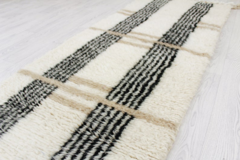 White Moroccan Runner rug hallway runner rug moroccan White and Brown Beni ourain rug Genuine lamb Wool image 7