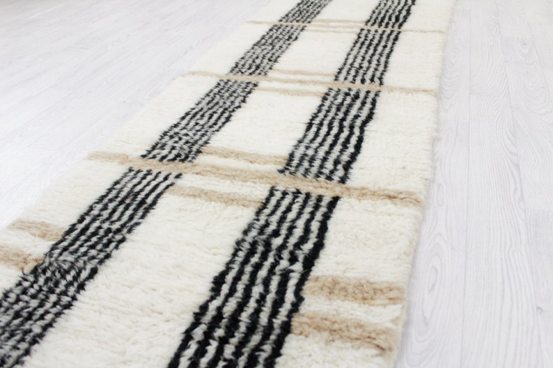 White Moroccan Runner rug hallway runner rug moroccan White and Brown Beni ourain rug Genuine lamb Wool image 4