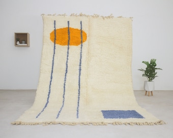 Moroccan rug Blue - Beni ourain rug - Custom Rug - Geometric Blue and yellow carpet - Handwoven mid century modern living room rug
