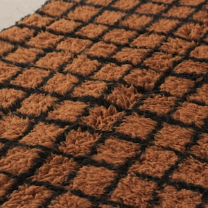 May include: Close-up of a brown, textured fabric with a repeating square pattern. The squares are outlined in black, creating a grid-like design. The fabric has a soft, plush appearance.