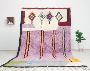 Lila Boujaad Teppich - Handgeknüpfter marokkanischer Vintage Teppich - Abstrakter bunter 8x5 Boho Area Teppich
