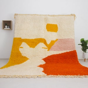 Moroccan area rug- Red Beni ourain style rug for living room - mid century modern - Geometric Azilal rug