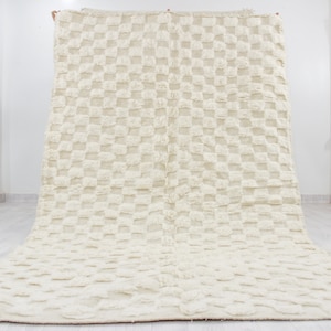 White Checkered Beni Ourain Rug, checkerboard Handmade Rug, Berber Solid White Rug, Custom size Moroccan Rug, Genuine lamb Wool