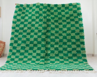 Green Checkered Beni Ourain Rug, Red checkerboard Rug, Custom size Moroccan Rug, Genuine lamb Wool