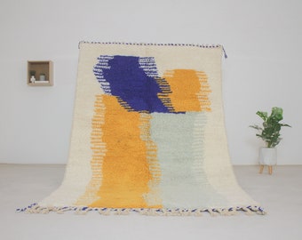 Moroccan rug -Blue Beni ourain rug - Custom Rug - Geometric Blue and yellow carpet - Handwoven mid century modern living room rug