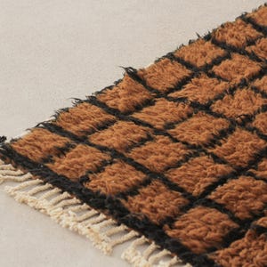 May include: Close-up of a brown and black patterned rug with a geometric design. The rug has a textured, shaggy appearance with a grid of black lines. The edge features a fringe of cream-colored tassels.