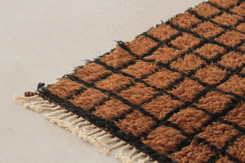 May include: Close-up of a brown and black patterned rug with a geometric design. The rug has a textured, shaggy appearance with a grid of black lines. The edge features a fringe of cream-colored tassels.