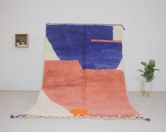 Moroccan rug Pink - Beni ourain rug - Custom Rug - Geometric Blue carpet - Handwoven mid century modern living room rug