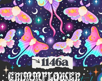 May include: A digital illustration featuring a repeating pattern of colorful moths, moons, and stars against a dark blue background. The moths have pink, purple, and teal wings with moon and star details. The text "1146a" and "Grimmflower Studio" are also visible.