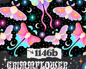 May include: A repeating pattern featuring colorful moths with crescent moon details, stars, and moons on a black background. The text "1146b" and "GRIMFLOWER Studio" are also present. The design includes a rainbow arc.