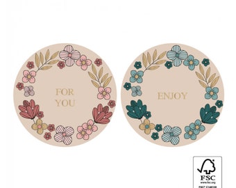 Sticker | Aufkleber | Geschenkverpackung | Etiketten | Rund | Geschenkaufkleber Duo - Flower Field Gold - Pink/ Blue