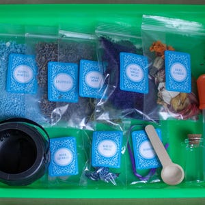 May include: A green tray holds a black cauldron, small glass bottle, wooden spoon, and various ingredients in clear bags. The bags are labeled with blue tags, including "Fizzing Powder," "Lavender," and "Purple Magic Moss."