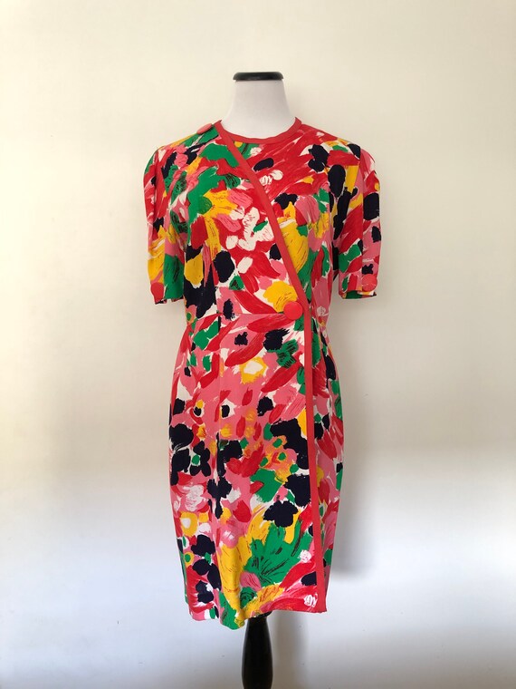 Vintage 1980’s BALMAIN Abstract Floral Wrap Dress - image 3