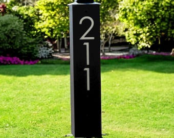 Modern Address Numbers Column, Metal Address Post, Optional Solar Light Cap