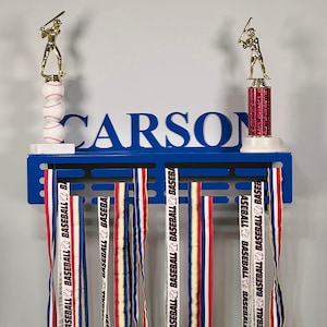 Custom Name Trophy Shelf with Medal Hangers, Personalized Trophy and Medal Display, Powder Coated Steel Display