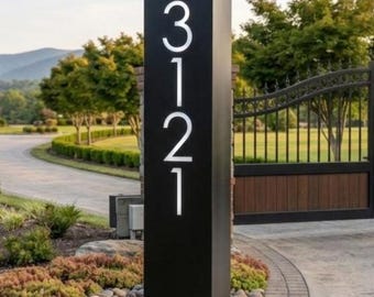 XL Modern Address Numbers Column, Metal Address Post, Optional Solar Light Cap