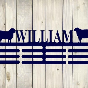 Sheep Custom Name Medal Hanger Monogram - 12 Rungs for medals & Ribbons, Medal Display, Sports Medals, Kids Sports Decor, Livestock Show