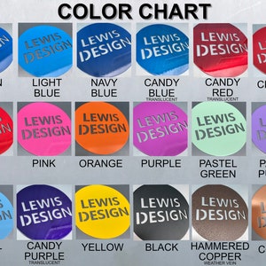 May include: Color chart with 18 different color options for Lewis Design. The colors include ocean blue, light blue, navy blue, candy blue, candy red, crimson red, red, pink, orange, purple, pastel green, pastel purple, pastel blue, candy purple, yellow, black, hammered copper, and copper.