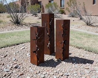 Fractured Metal Decorative Columns, Metal Yard Art Posts, Optional Solar Light Caps