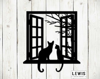 Cats in Window Wall Art, Cat Metal Wall Art, Cat Decor, Cat Gift, Cats on Windowsill Metal Decoration