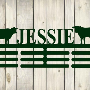 Cow Custom Name Medal Hanger Monogram - 12 Rungs for medals & Ribbons, Medal Display, Sports Medals, Kids Room Sports Decor, Livestock Show