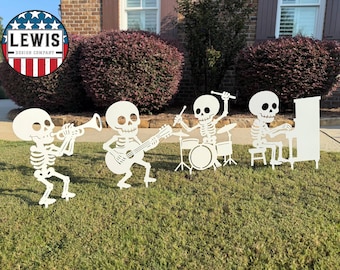 Squelettes d'Halloween, piquets de jardin - Décoration extérieure en métal - Panneaux squelettes de musicien fantasmagorique sur la pelouse