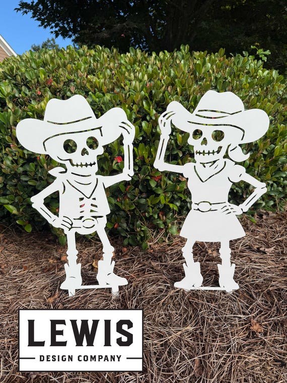 Cowboy & Cowgirl Skeleton Yard Stakes – Metal Halloween Outdoor Décor – Spooky Skeleton Western Garden Decoration