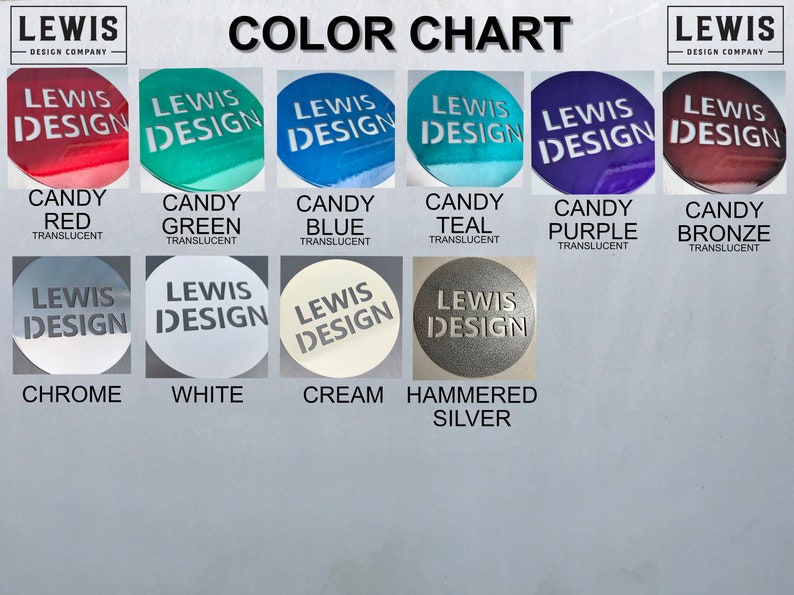 K&ouml;nnte beinhalten: Farbkarte mit verschiedenen Ausf&uuml;hrungen f&uuml;r Lewis Design Produkte. Die Karte zeigt durchscheinende Farben wie Candy Rot, Gr&uuml;n, Blau, Teal, Lila und Bronze. Sie umfasst auch Chrom, Wei&szlig;, Creme und geh&auml;mmertes Silber.