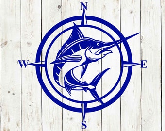 Marlin with Compass Decorative Metal Sign, Metal Art, Metal Sign, Sport fishing decor, Ocean fishing
