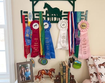 Horse Fence Custom Name Medal Hanger, Powdercoated Metal Ribbon/Medal Display